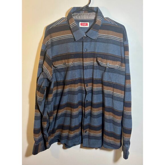 Wrangler Men’s 2XL Flannel Shirt Blue Brown Striped Button Up Long Sleeve - Picture 1 of 5